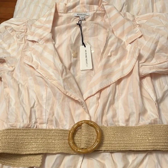 WeWoreWhat Puff Sleeve Bella Shirt Dress in Macro Stripe Shortbread - Picture 9 of 9